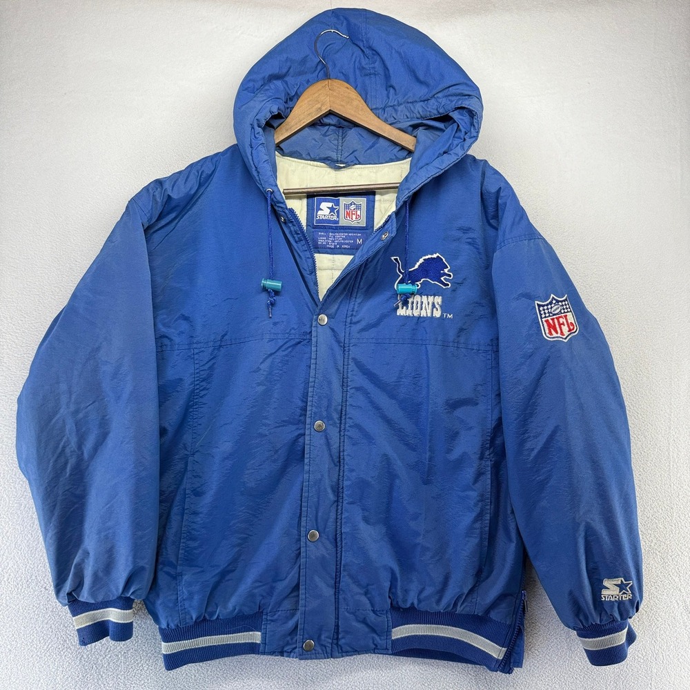 Vintage Detroit lions Jacket Men's Medium Blue Starter Hooded Puffer READ 90s